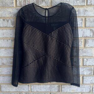 Frank Lyman Sheer Long Sleeve Crew Neck Black/Gold Stretch Blouse Women's Size 8